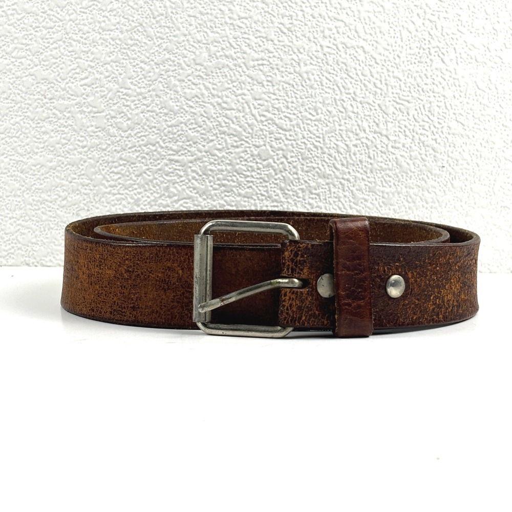Leather Belt Mens 34 Brown Good Distressed Rugged Silver Buckle Americana Patina